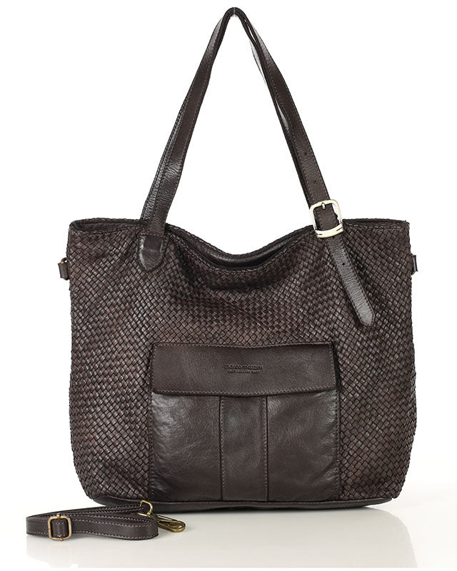 MEDICI. Damen Shopper-Tasche aus geflochtenem Naturleder Kaffee