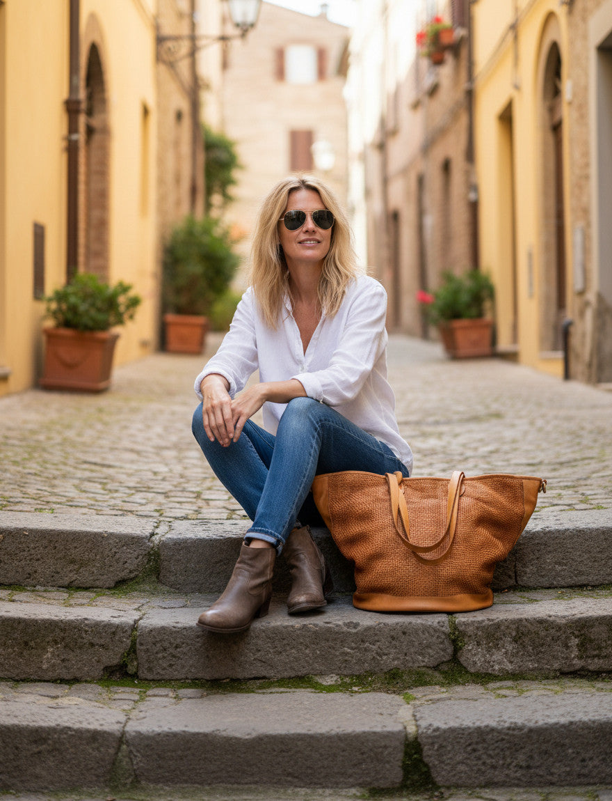 MILANO ● Große Leder Shopper Tasche in Trapezform – Geflochtenes Design & A4 Format Sacktaschen.com