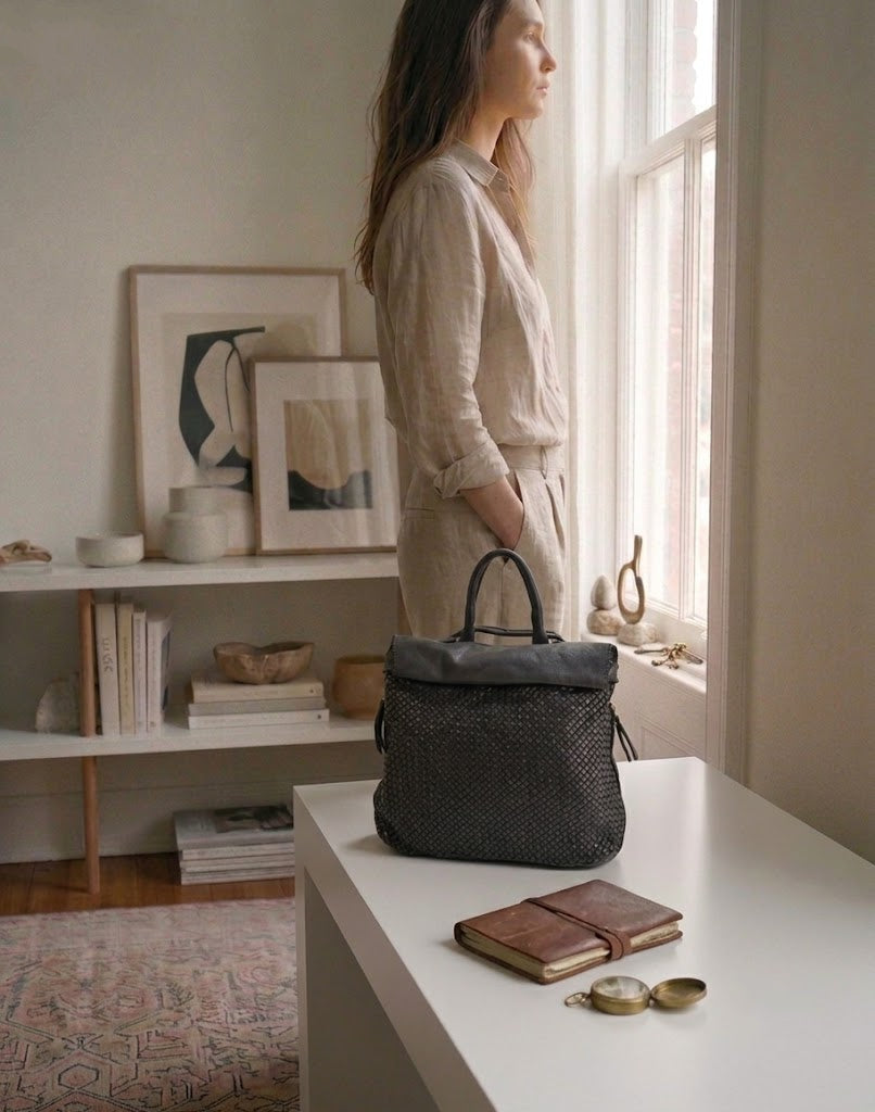 Mode-Inspiration: schwarzfarbene Rucksack-Tasche getragen als schicker Shopper in der Hand zu einem hellen Sommerkleid