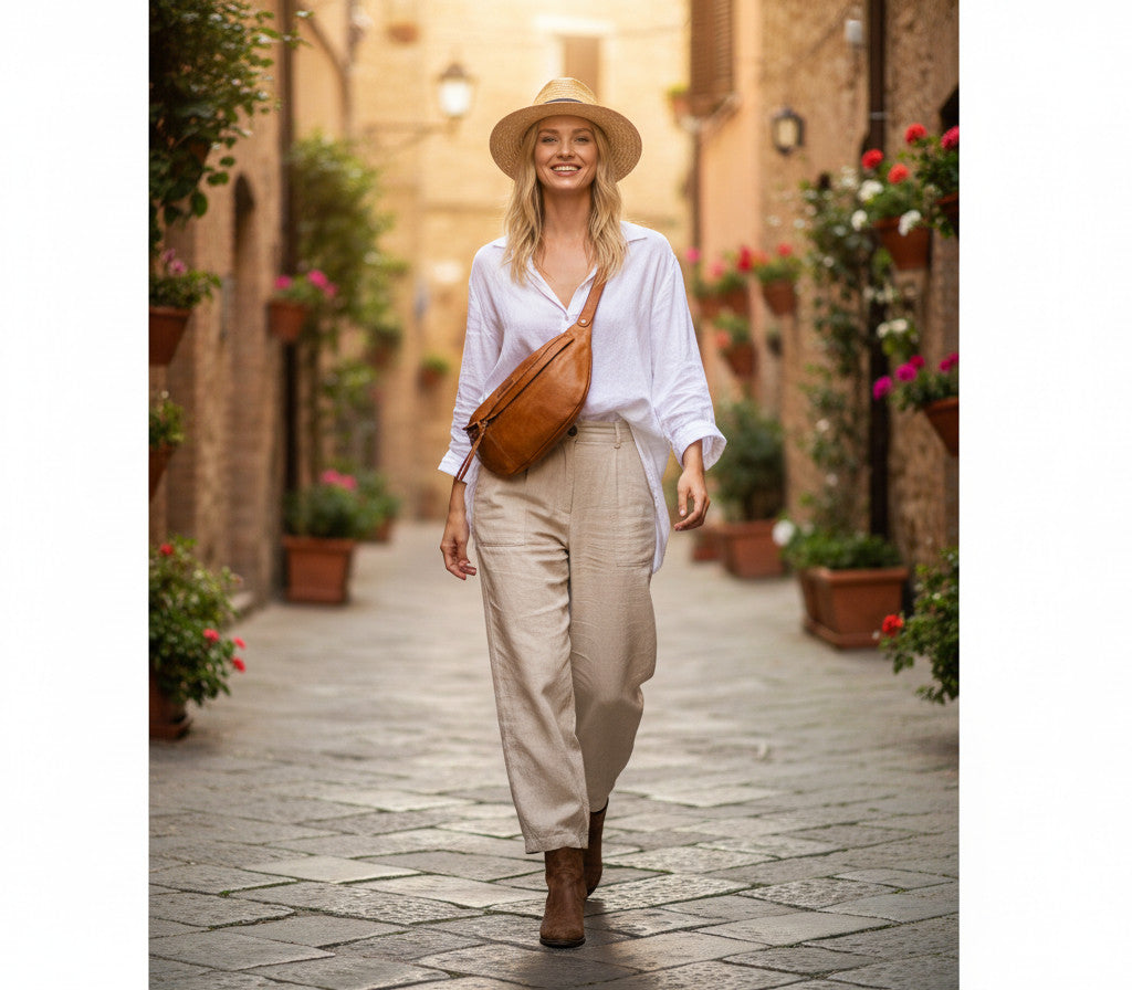 Elegantes Detail-Moodbild der cognac braun XXL Echtleder Bauchtasche, getragen im modernen Crossbody-Stil für den Alltag