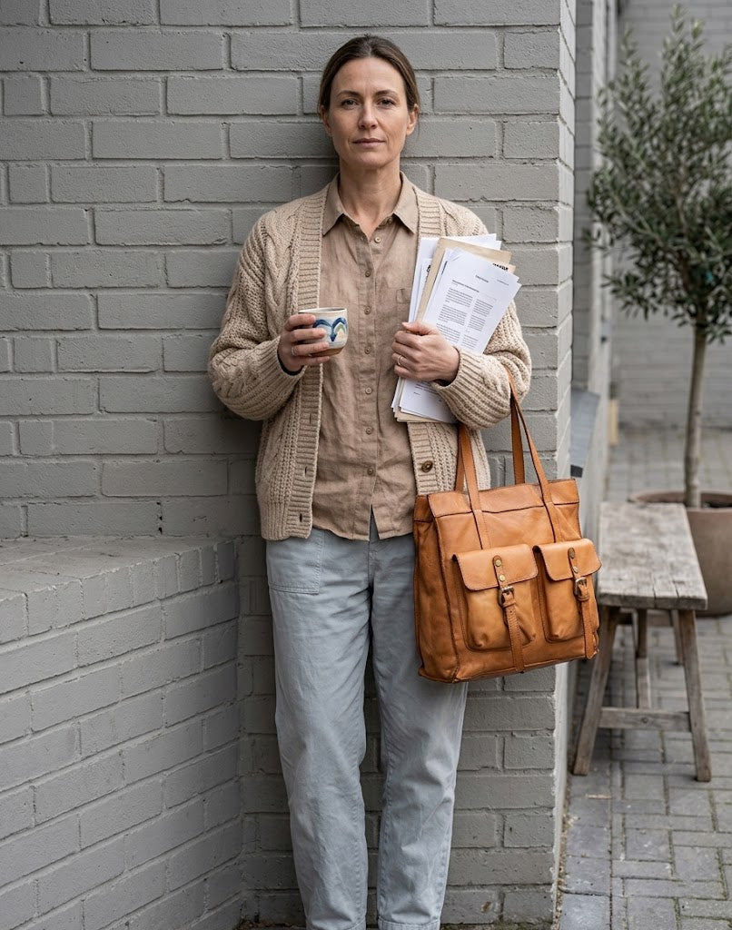 Große Ledertasche Damen beim Stadtbummel getragen als Crossbody-Schultertasche dank des abnehmbaren Gurts, zeigt die 2-in-1 Funktionalität.
