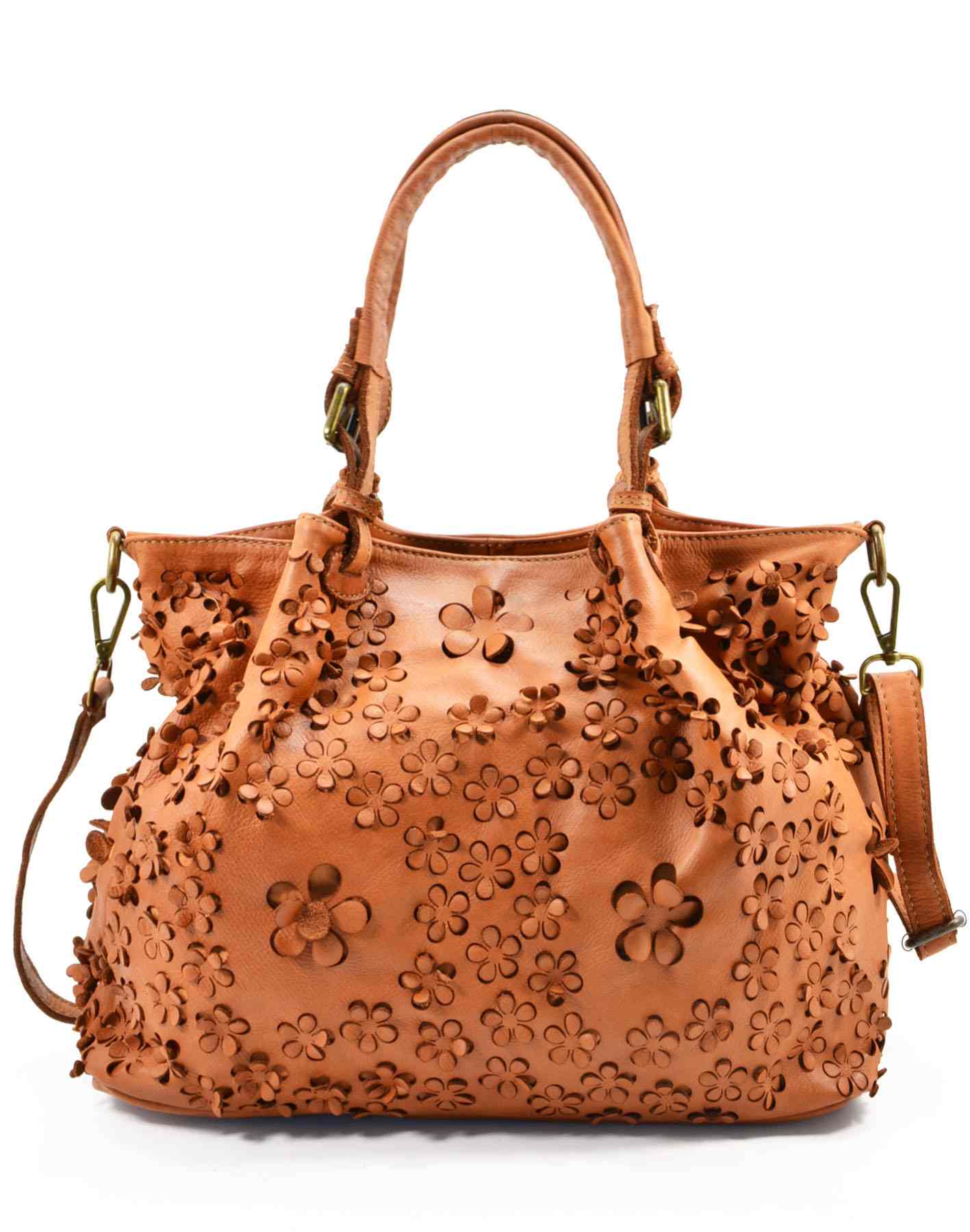 Cognac FIORINO● Handtasche Leder Damen mit Blumenprägung – Vintage Umhängetasche Sacktaschen.com
