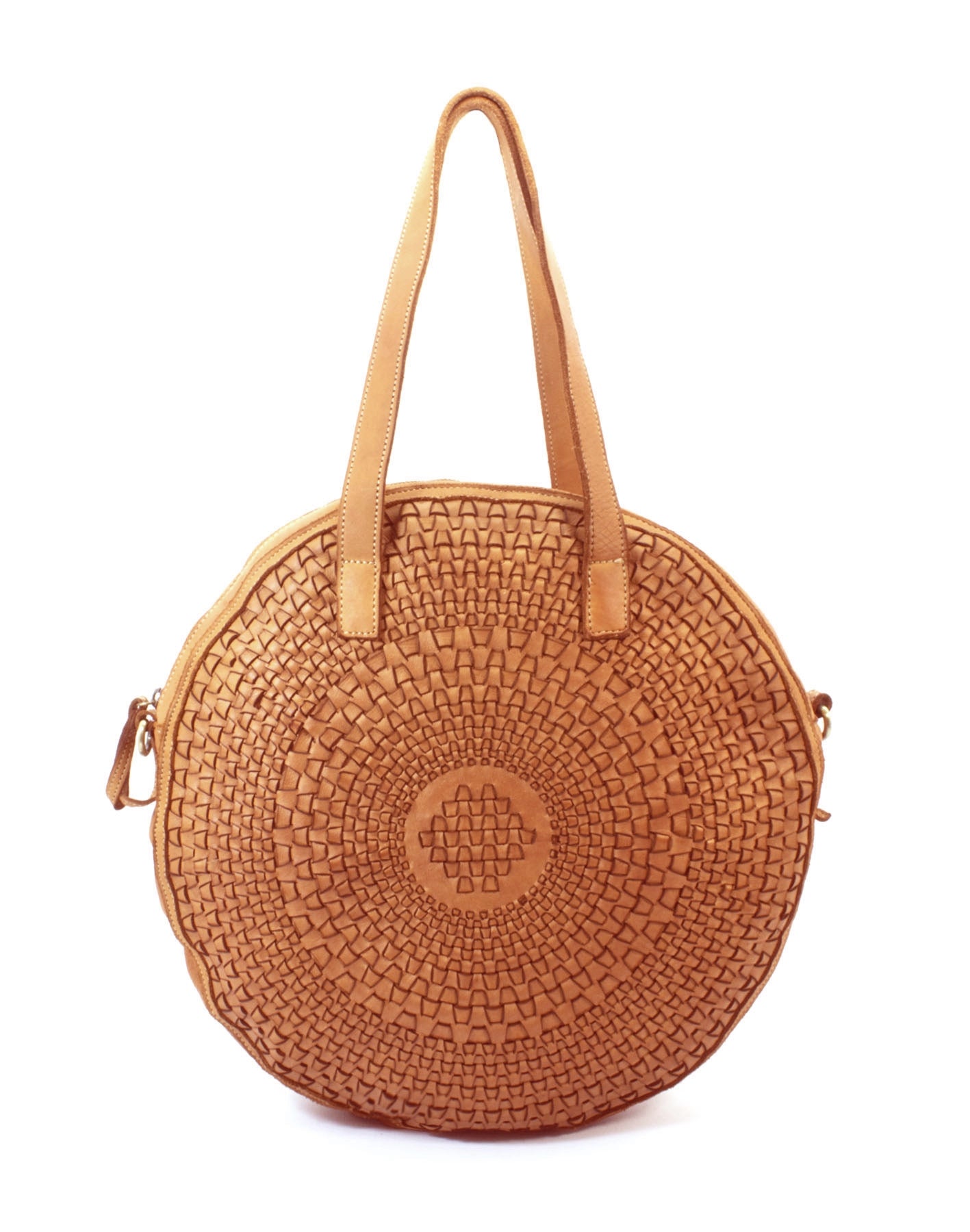 cognac ROTUNDA● Ovale Damen-Umhängetasche aus geflochtenem Leder – Wandlungsfähige Eleganz Sacktaschen.com