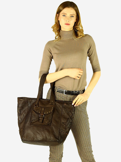 SANTINO● Italian leather shopper tote bag in BOHO style with metal rivets