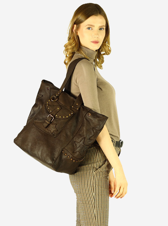 Grand sac cabas femme cuir vintage noir brun - avec bandoulière - sac cabas  cuir porté épaule avec fermeture éclair