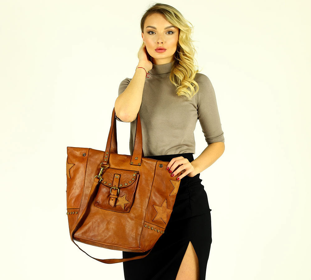 Leather shopper tote bag women s XXL black cognac brown Italian soft leather large leather tote women s BOHO style with rivets with zipper Sacktaschen