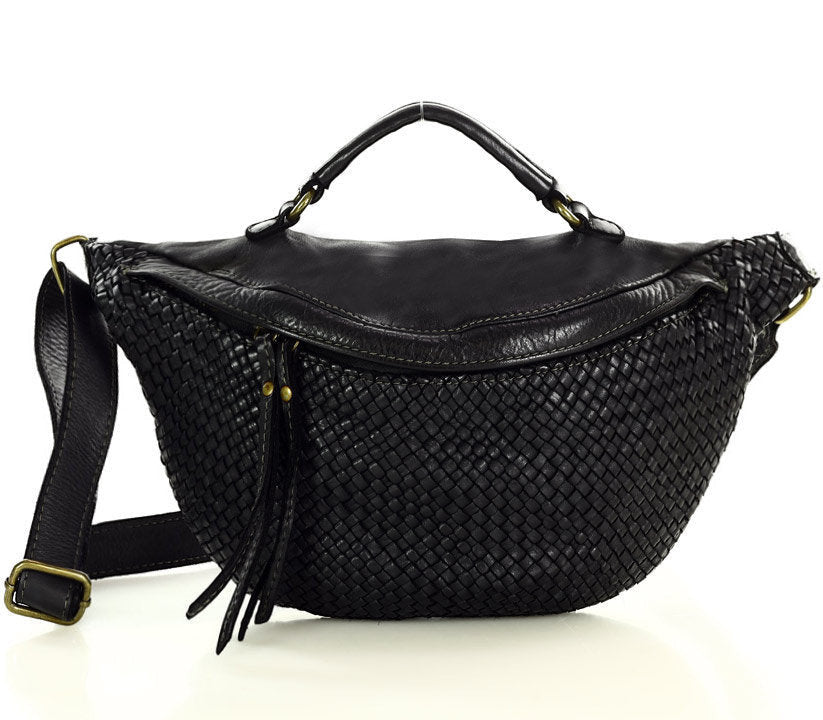 schwarz MOND● Große Damenbauchtasche - Crossbag aus Handgeflochtenes Echtleder m. RV. Sacktaschen.com