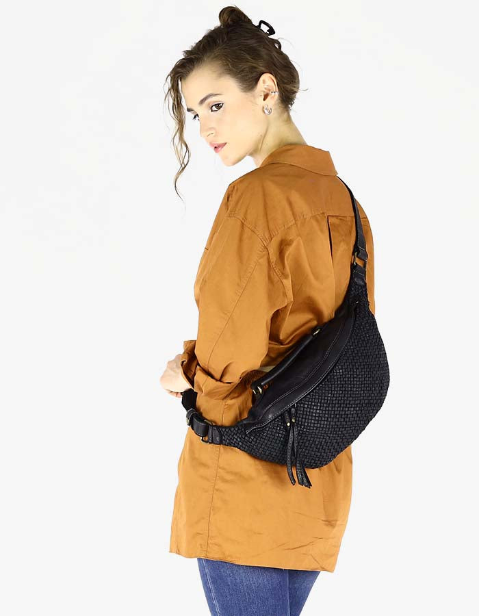 Grand sac banane pour femme en cuir v ritable tiss . Sac de taille