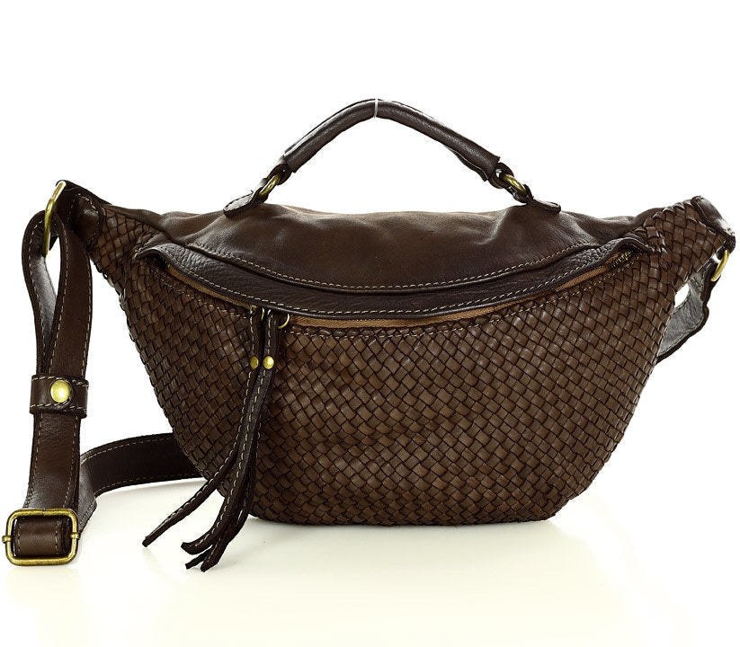kaffee MOND● Große Damenbauchtasche - Crossbag aus Handgeflochtenes Echtleder m. RV. Sacktaschen.com