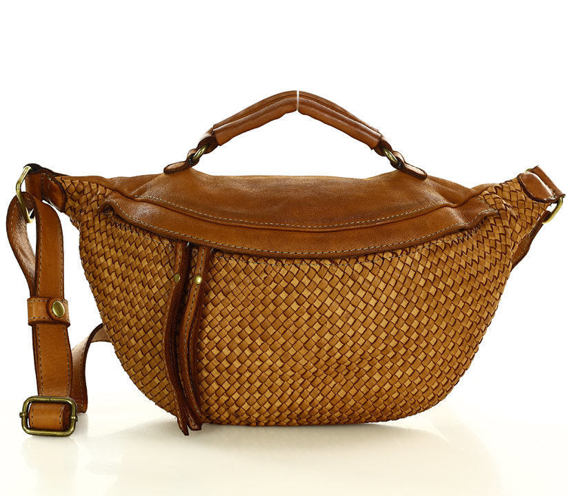 braun MOND● Große Damenbauchtasche - Crossbag aus Handgeflochtenes Echtleder m. RV. Sacktaschen.com