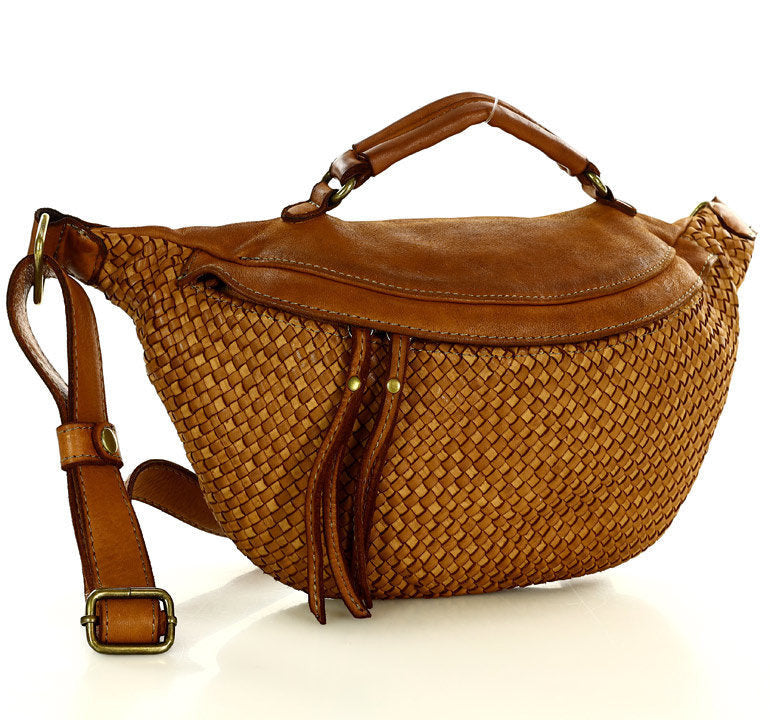 MOND● Große Damenbauchtasche - Crossbag aus Handgeflochtenes Echtleder m. RV. Sacktaschen.com