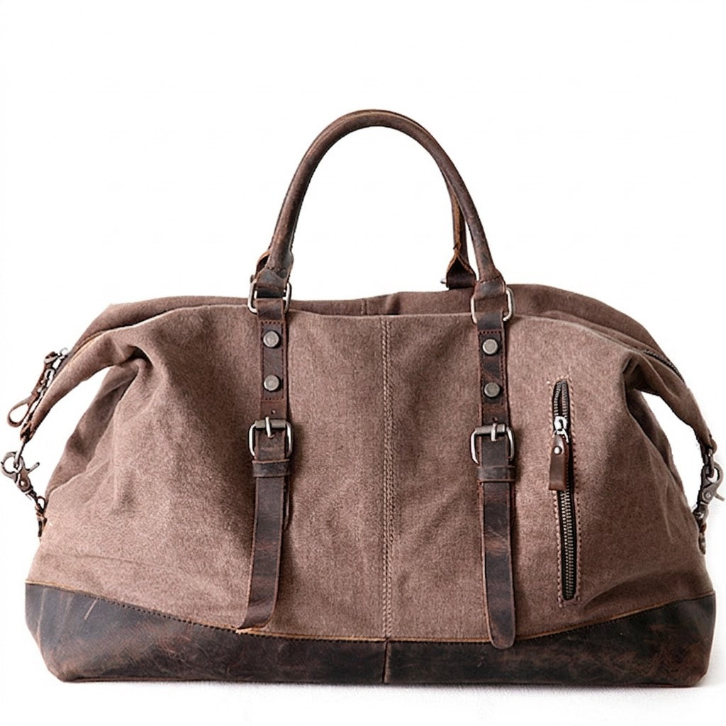 Elegante Vintage Canvas Schultertasche in Braun aus gewachstem Segeltuch und Leder, hochwertige 2-in-1 Reisetasche.