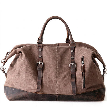 Elegante Vintage Canvas Schultertasche in Braun aus gewachstem Segeltuch und Leder, hochwertige 2-in-1 Reisetasche.