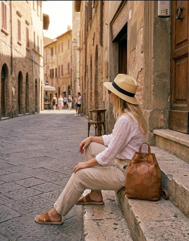 Dynamische Rückansicht einer Frau, die mit dem Vintage Cityrucksack aus Leder von BARTINESSA die Treppen eines historischen Gebäudes hochgeht.