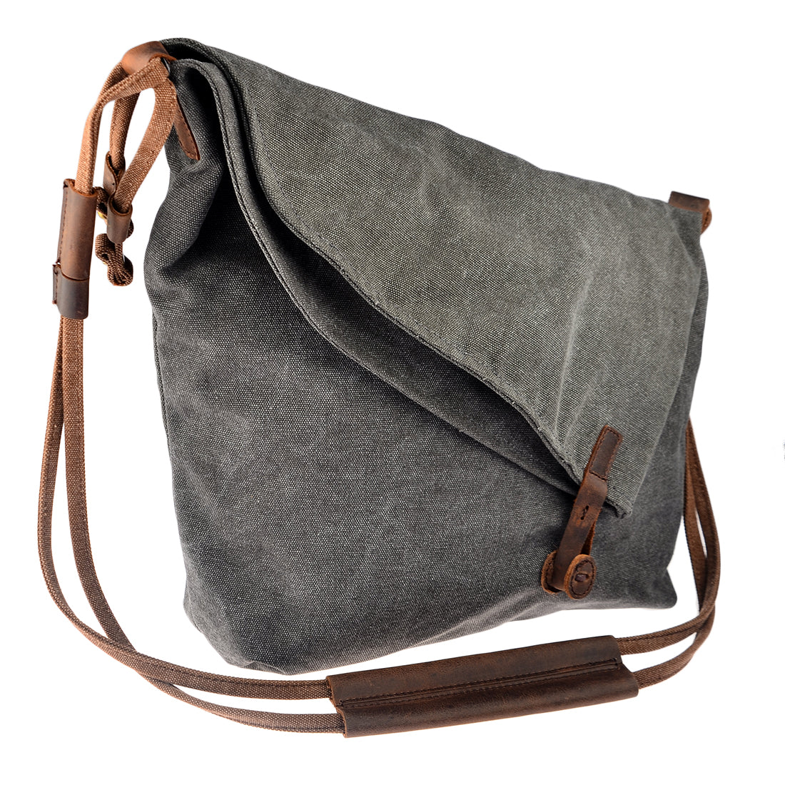 Elegante Vintage Hobo-Damentasche Crossbody aus grauem Canvas und Echtleder in der Vorderansicht.