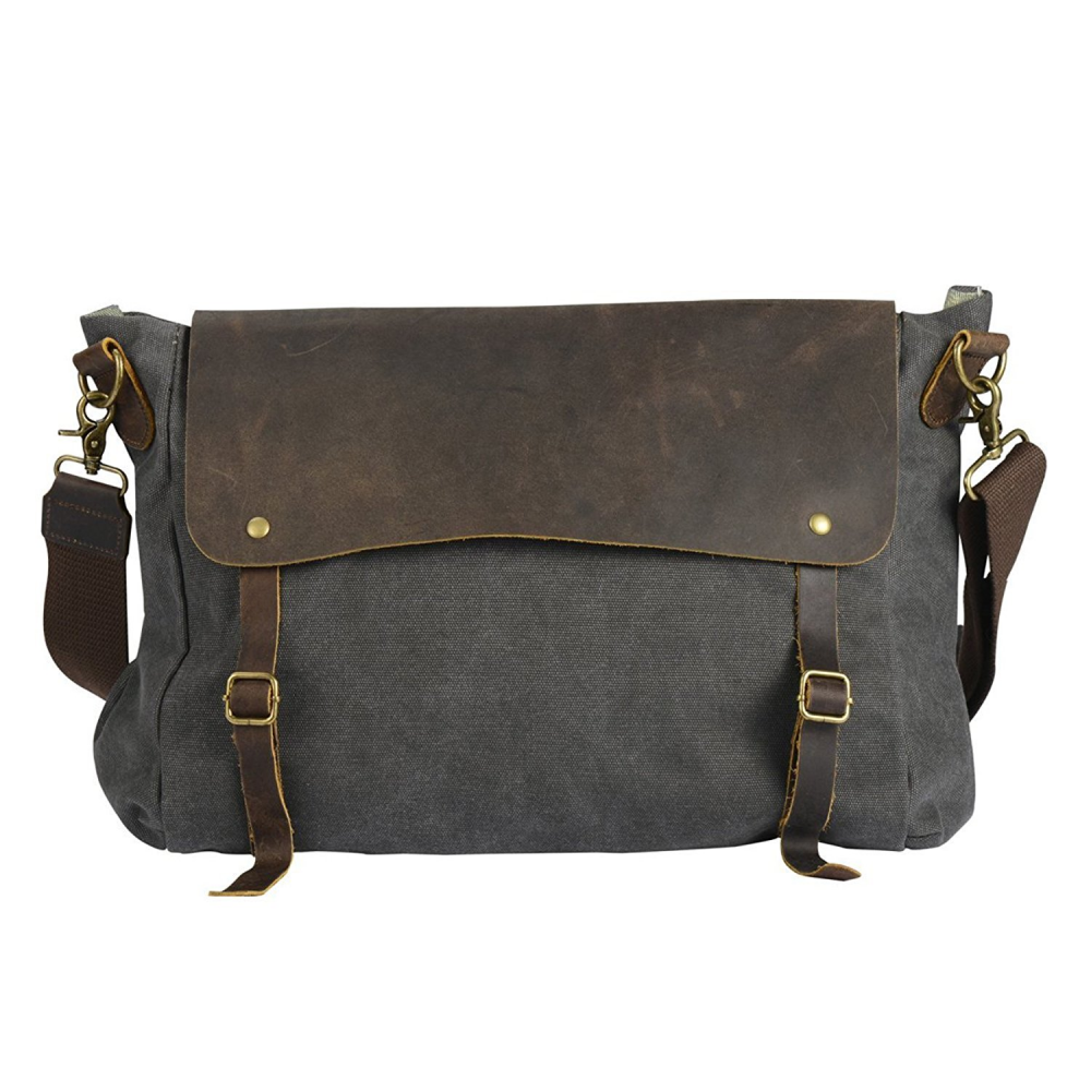 Vintage Damen Hobo-Umhängetasche aus robustem Canvas und echtem Leder in Grau, ideal für den Alltag und Business.Sacktaschen.com