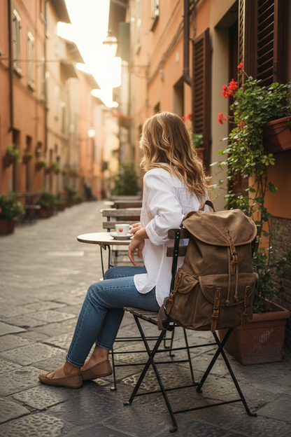 VINTAGE ART II™ Groß Retro School rucksack Beutel Rucksack aus gewachste Canvas mit Leder. Unisex 15-Zoll Sacktaschen.com