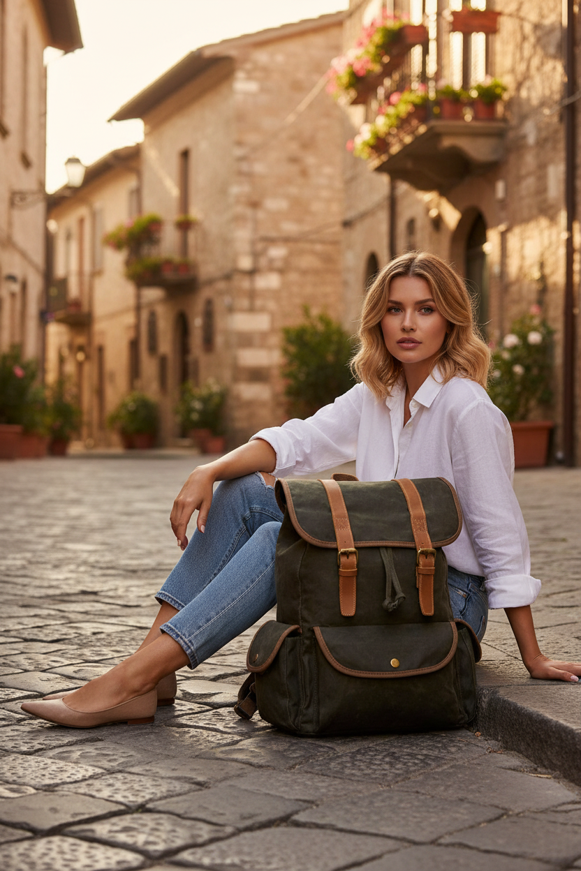 VINTAGE ART™ Groß Beutel Rucksack aus gewachste Canvas mit Leder für Damen & Herren. 15-Zoll Sacktaschen.com
