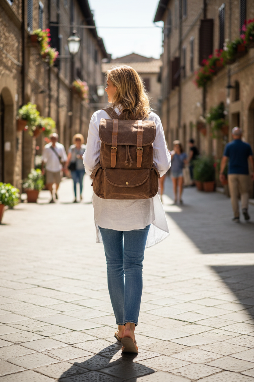VINTAGE ART™ Groß Beutel Rucksack aus gewachste Canvas mit Leder für Damen & Herren. 15-Zoll Sacktaschen.com