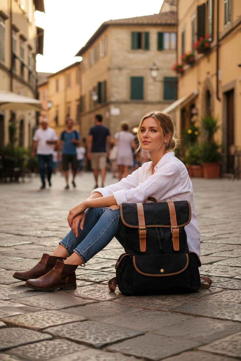 VINTAGE ART™ Groß Beutel Rucksack aus gewachste Canvas mit Leder für Damen & Herren. 15-Zoll Sacktaschen.com