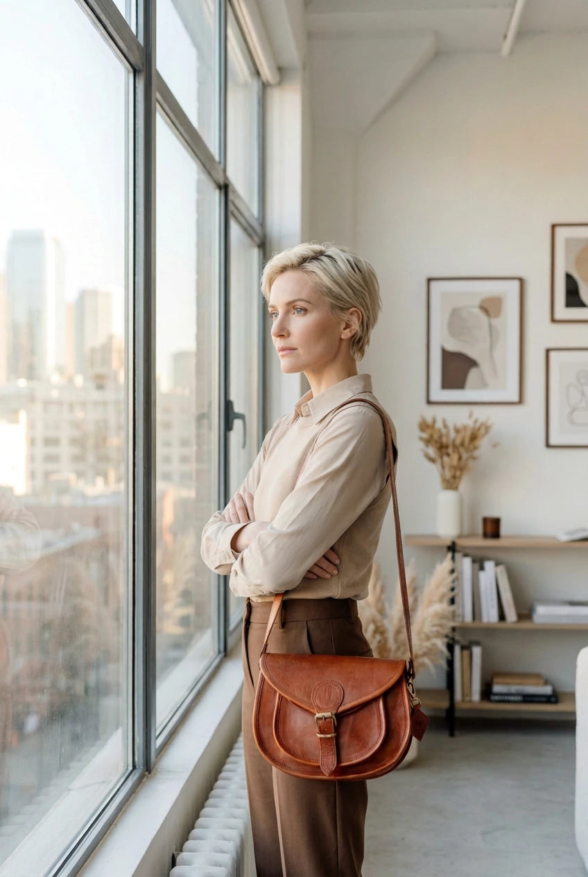 Vintage-Ledertasche als lässiges Accessoire zu Leinen und einem zeitlosen Alltagsoutfit.
