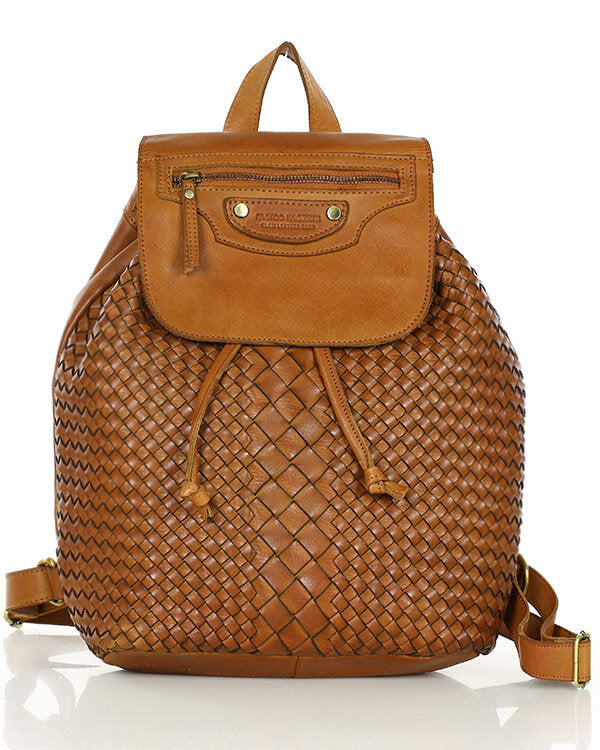 MONACO 2in1 Damen Lederrucksack aus geflochten Leder im Vintage Stil Cognac