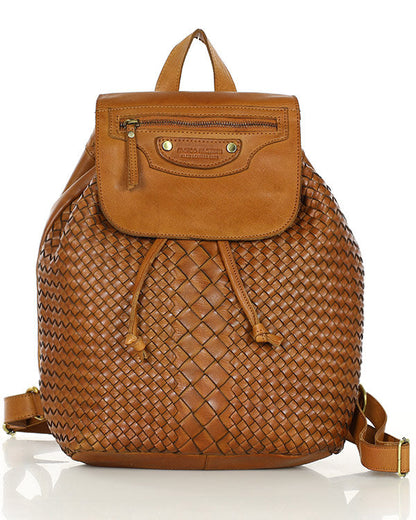 MONACO 2in1 Damen Lederrucksack aus geflochten Leder im Vintage Stil Cognac