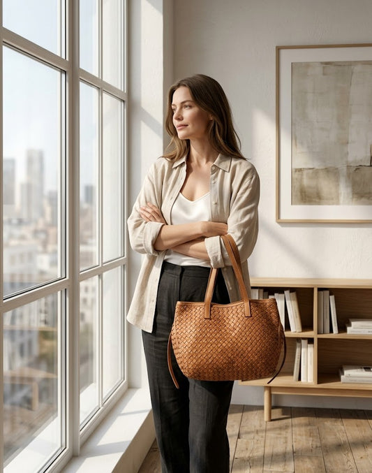 Cognacfarbene Schultertasche aus gewebtem Leder von YOTTI mit einem 3-Riemen-System, abgebildet in einer Lifestyle-Aufnahme, in der das Model ein beiges Hemd und eine dunkle Hose trägt.